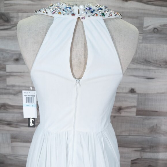 Sequin Hearts White Formal Dress Iridescent Jewels at Neckline & Uneven Skirt - Picture 6 of 9